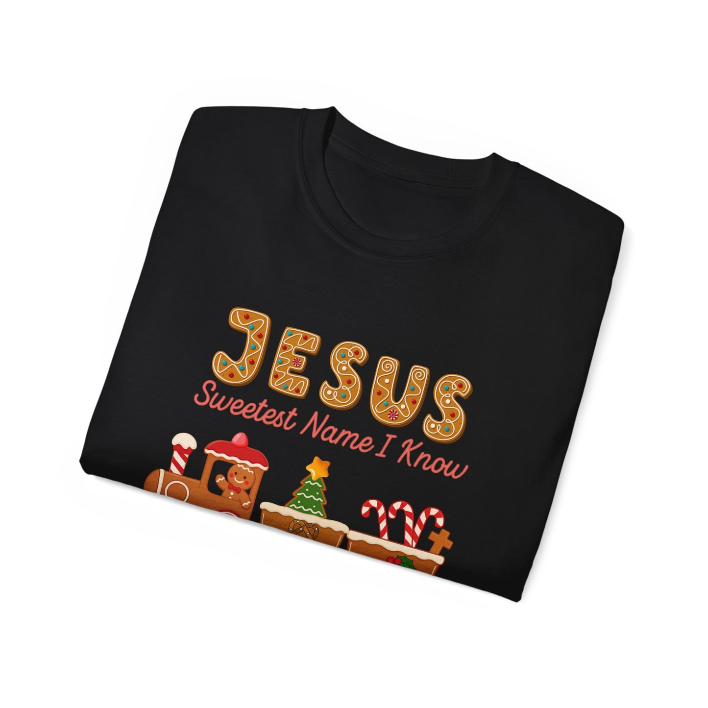 Jesus 'Sweetest Name I Know' Christmas Tee β Festive Gingerbread Train Christian Shirt