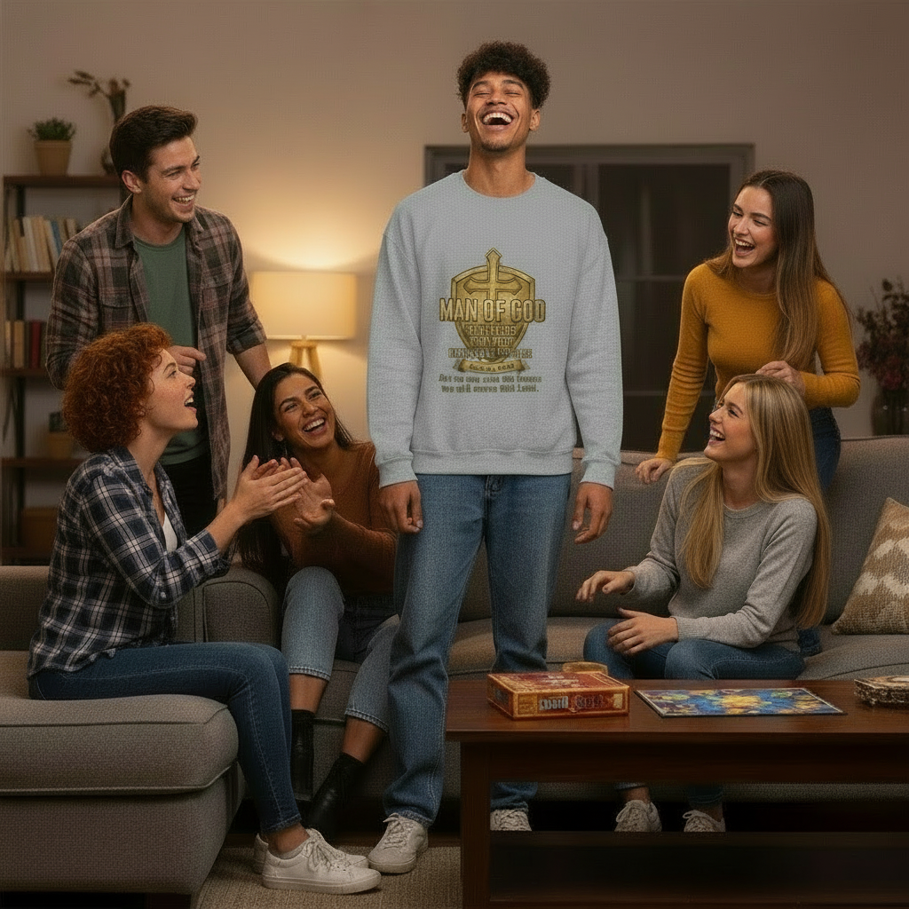 Man of God Protector Crewneck Sweatshirt — Christian Shield & Sword Heavy Blend