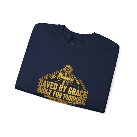Crewneck Sweatshirt — "Saved By Grace, Built For Purpose" Christian Mountain Design