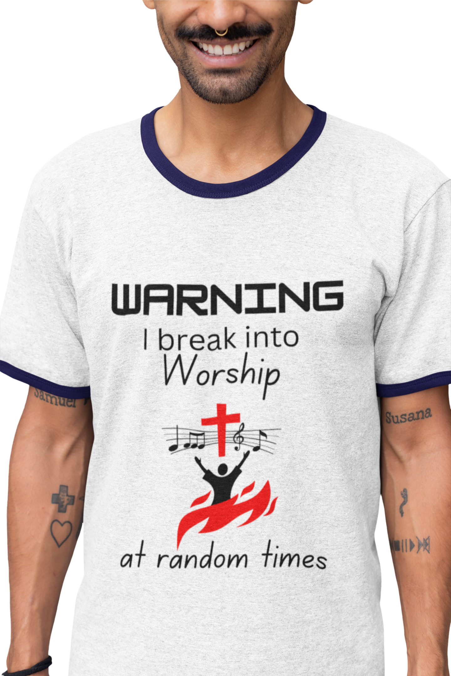 Warning Worship Unisex Cotton Ringer T-Shirt | Christian T-Shirt, Faith Apparel, Inspirational Tee, Casual Church Wear, Gift for Believers