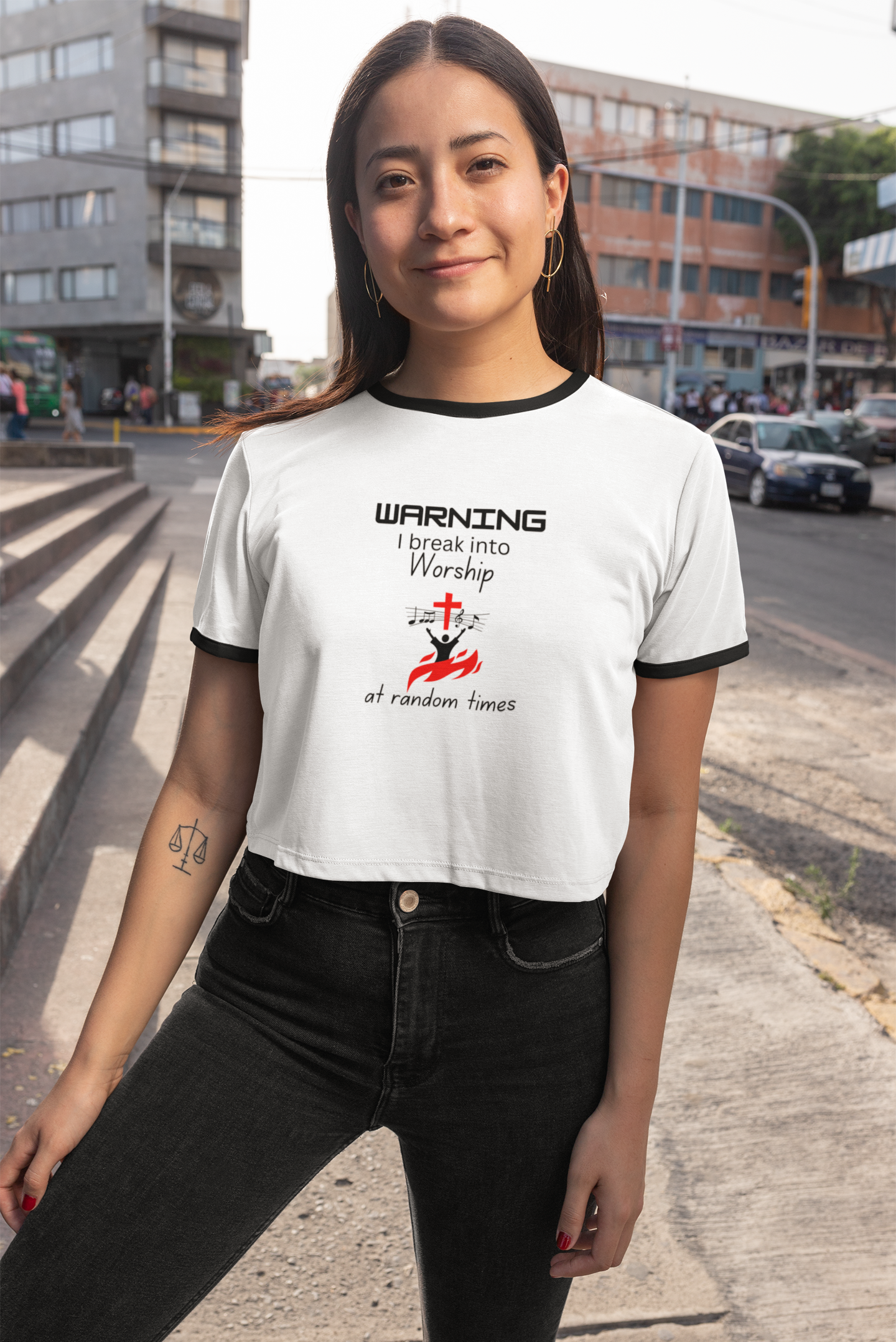 Warning Worship Unisex Cotton Ringer T-Shirt | Christian T-Shirt, Faith Apparel, Inspirational Tee, Casual Church Wear, Gift for Believers