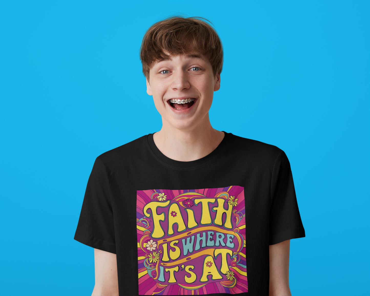 Faith Is Where It’s At – Retro Christian T-Shirt with Psychedelic Flair