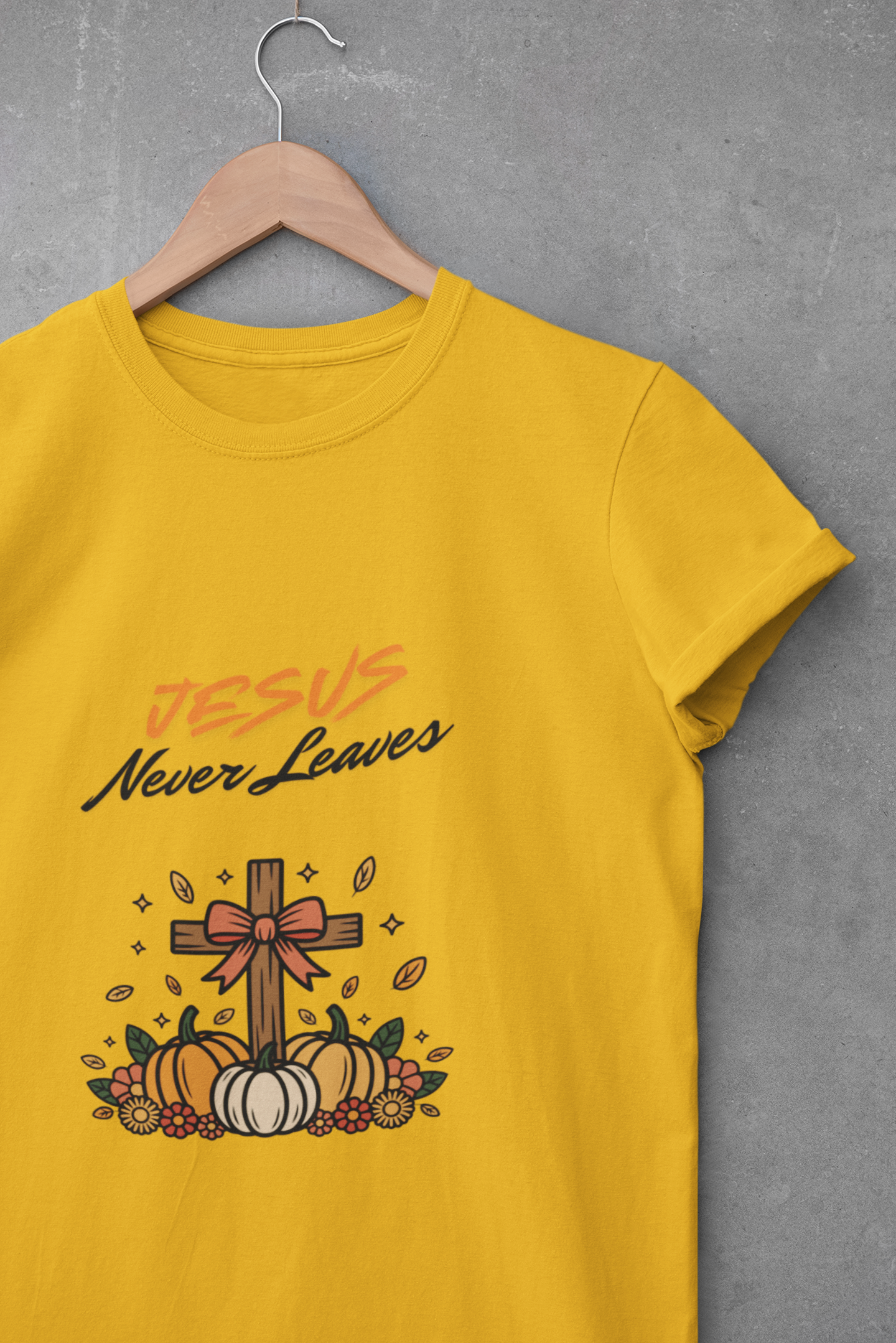 Jesus Never Leaves Short Sleeve Tee, Inspirational T-Shirt, Faith Shirt, Church Apparel, Perfect for Fall Celebrations, Casual Wear