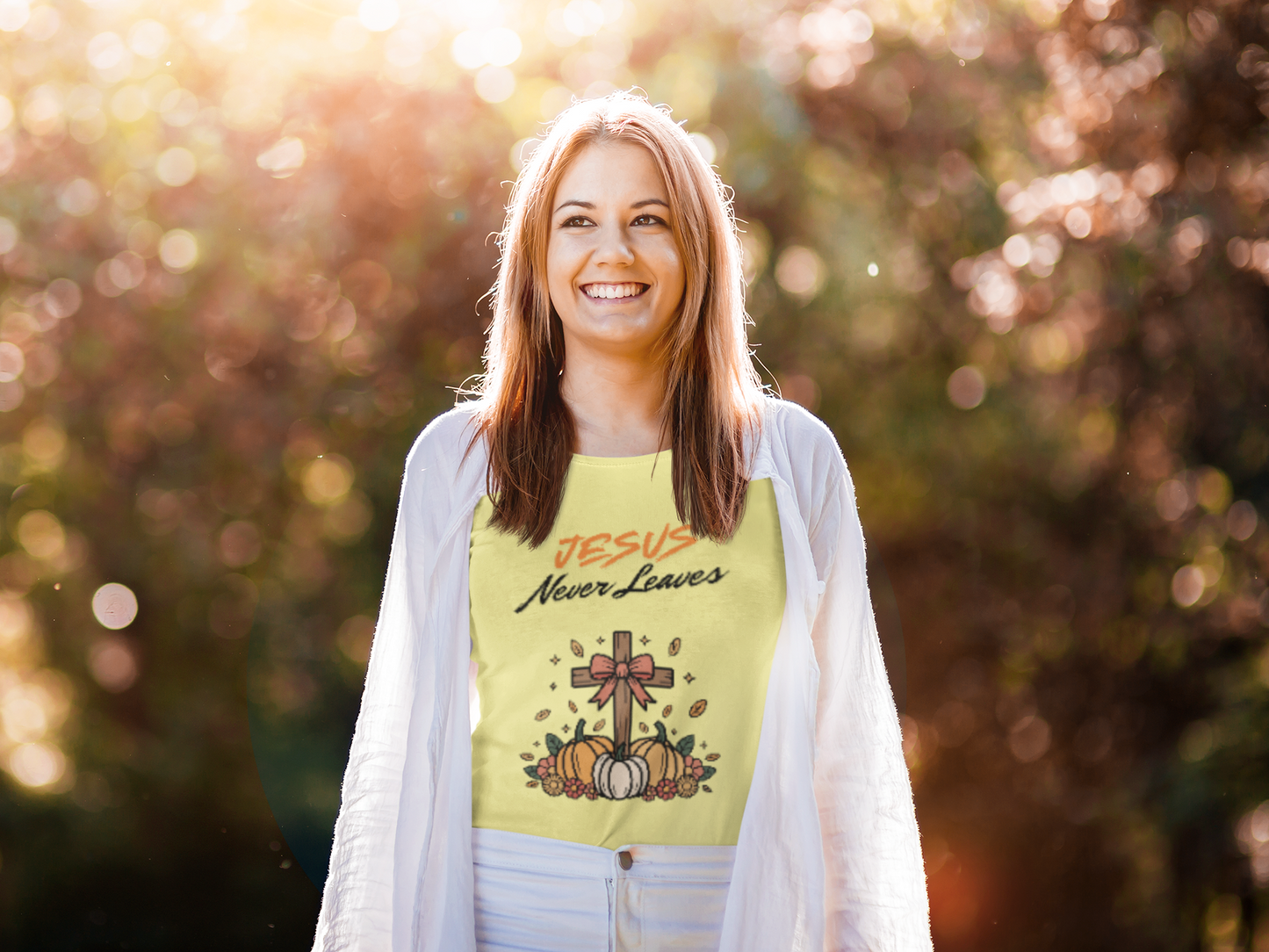 Jesus Never Leaves Short Sleeve Tee, Inspirational T-Shirt, Faith Shirt, Church Apparel, Perfect for Fall Celebrations, Casual Wear