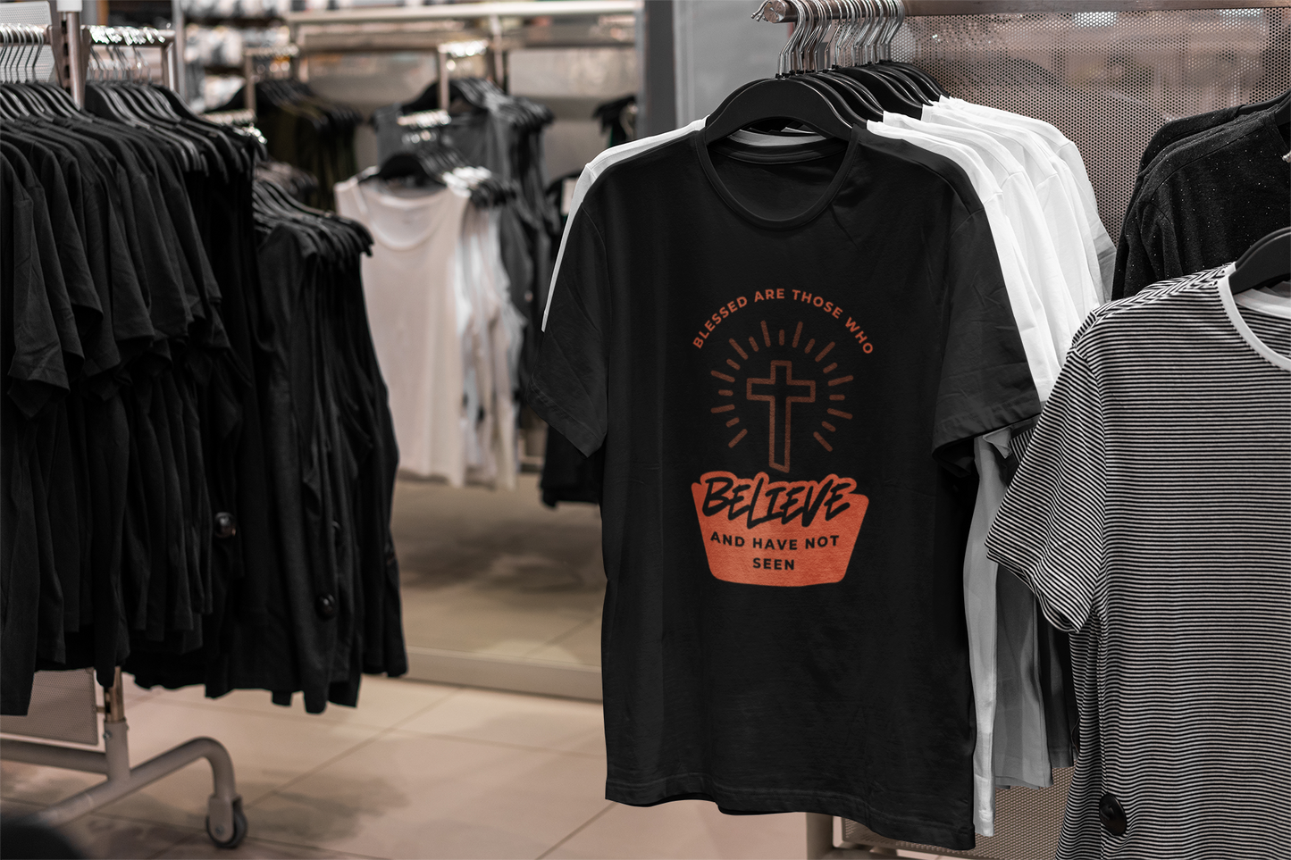 Blessed Are Those Who Believe” Radiant Cross Tee Faith That Shines. Belief That Endures.