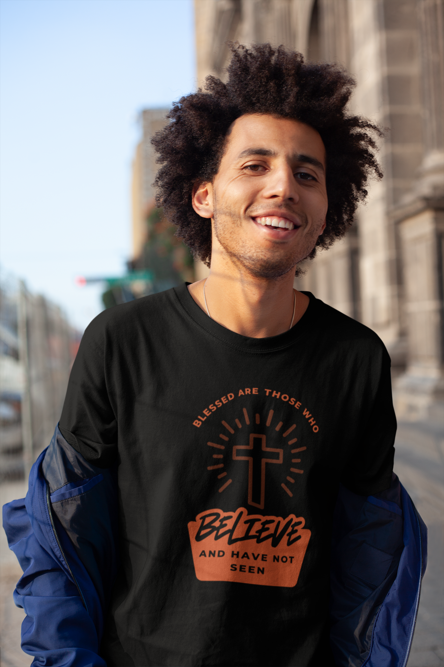 Blessed Are Those Who Believe” Radiant Cross Tee Faith That Shines. Belief That Endures.