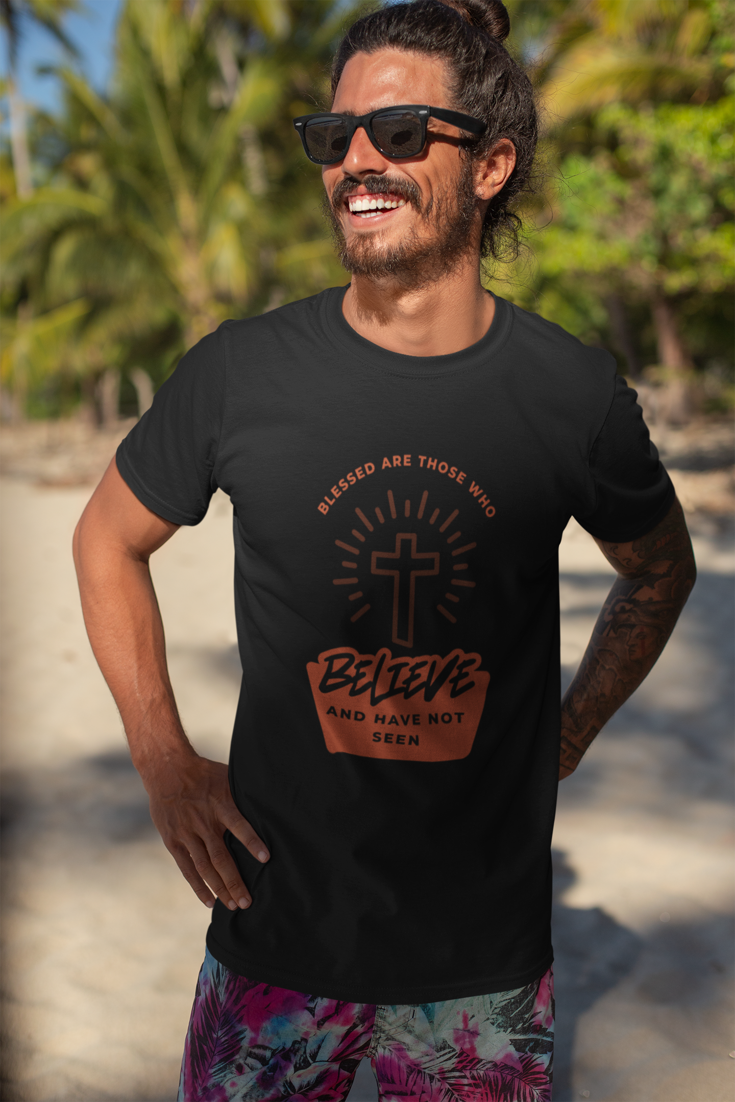 Blessed Are Those Who Believe” Radiant Cross Tee Faith That Shines. Belief That Endures.