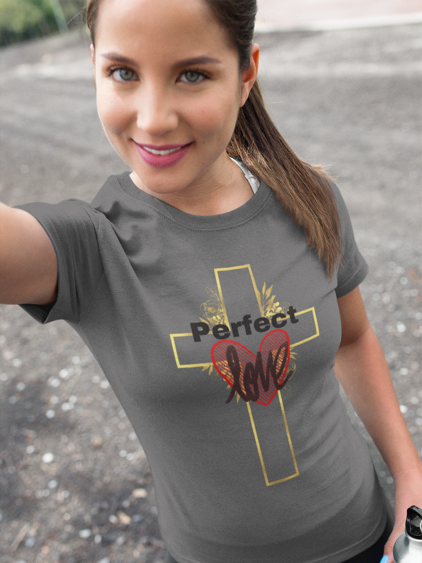 Perfect Love Christian T-Shirt – Gold Cross & Crowned Heart Design | Faith Apparel
