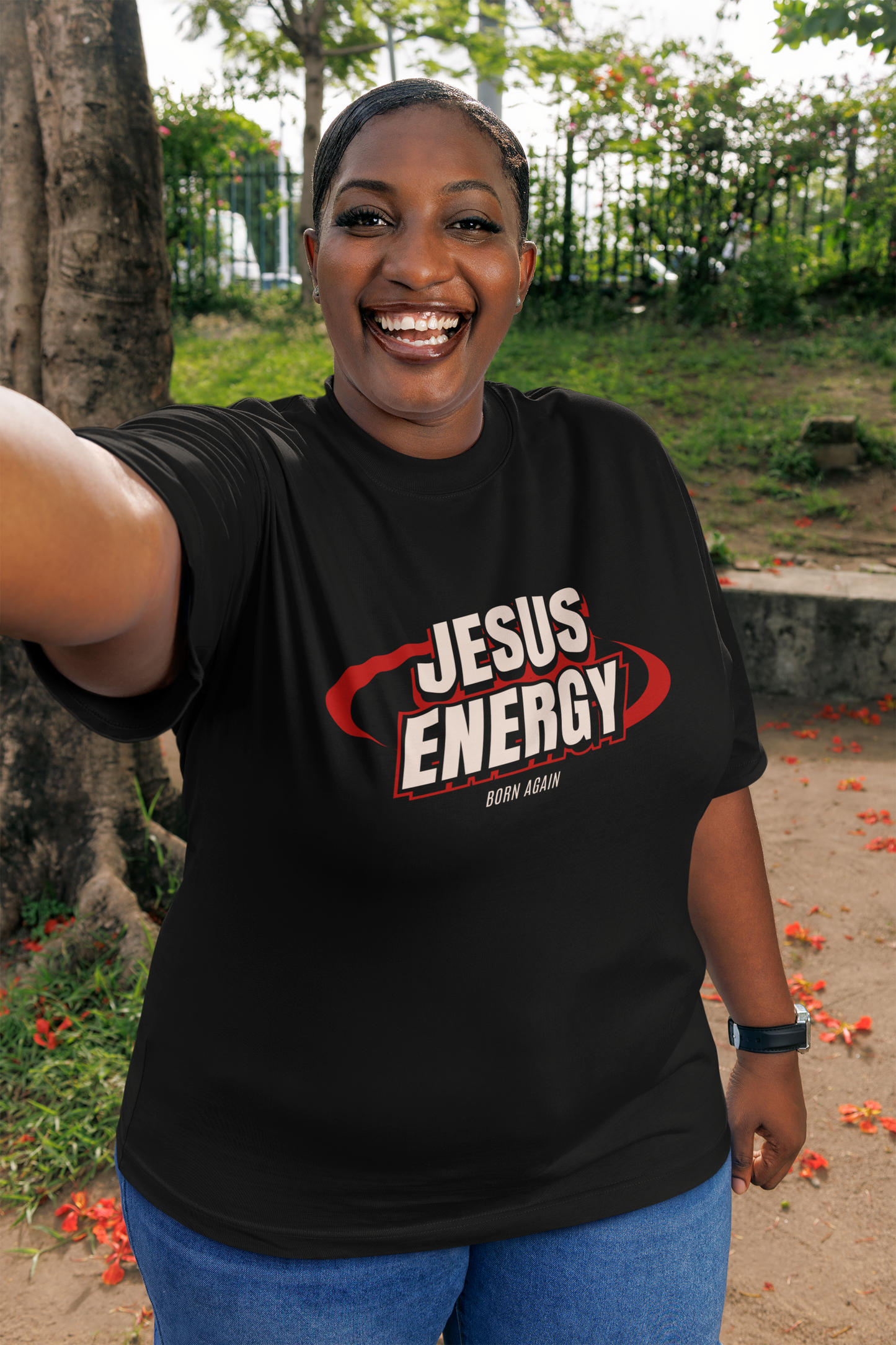 JESUS ENERGY Born Again T-Shirt – Bold Christian Graphic Tee with Red Abstract Design, Faith-Fueled Statement Apparel for Spiritual Renewal and Empowerment