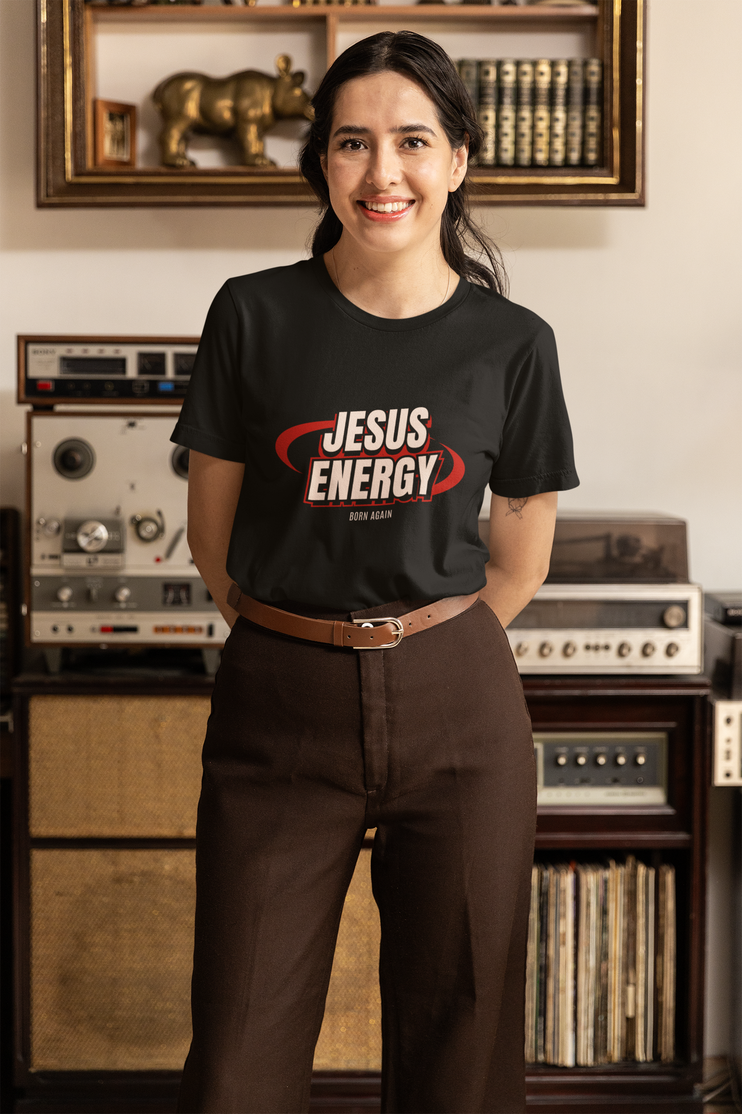 JESUS ENERGY Born Again T-Shirt – Bold Christian Graphic Tee with Red Abstract Design, Faith-Fueled Statement Apparel for Spiritual Renewal and Empowerment