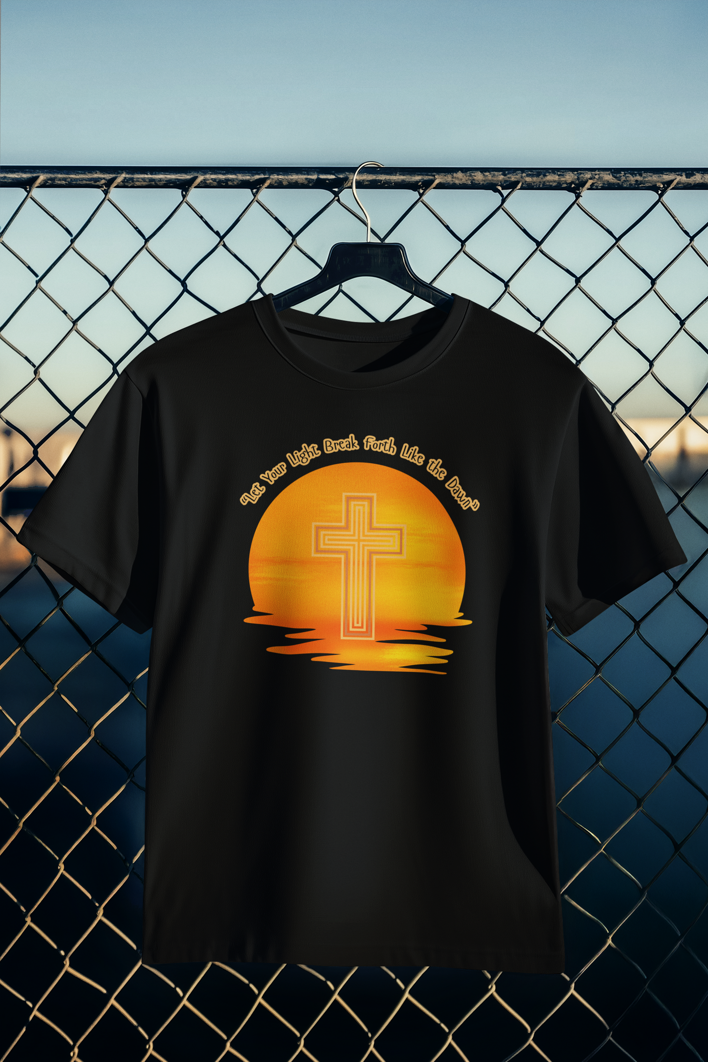 “Let Your Light Break Forth Like the Dawn” T-Shirt – Sunset Cross Design, Faith-Inspired Apparel for Spiritual Renewal and Daily Grace Apparel, Inspirational Gift, Everyday Wear, Summer Style, Religious Tees