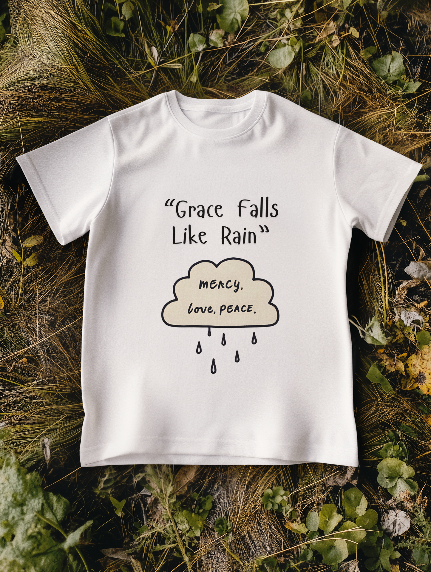 MERCY, love, PEACE Cloud T-Shirt – Faith-Inspired Comfortwear with Raindrop Design for Spiritual Renewal and Emotional Healing Short Sleeve Tee, Casual Wear, Gift for Friends, Grace Falls Like Rain Shirt, Everyday Comfort