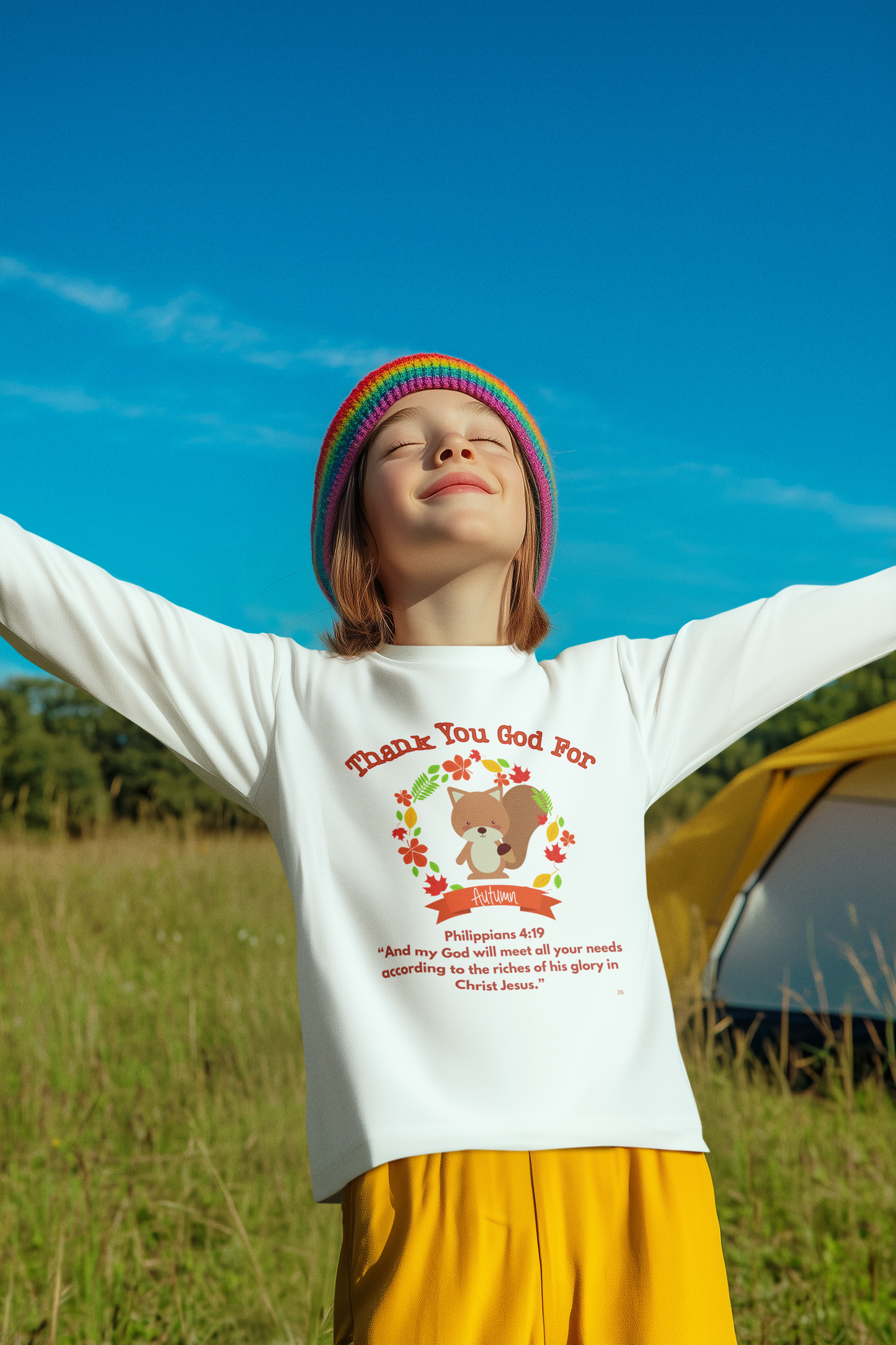 Kids Tee - Christian Autumn Squirrel Shirt God Will Provide Her Needs Thankful for the Flow