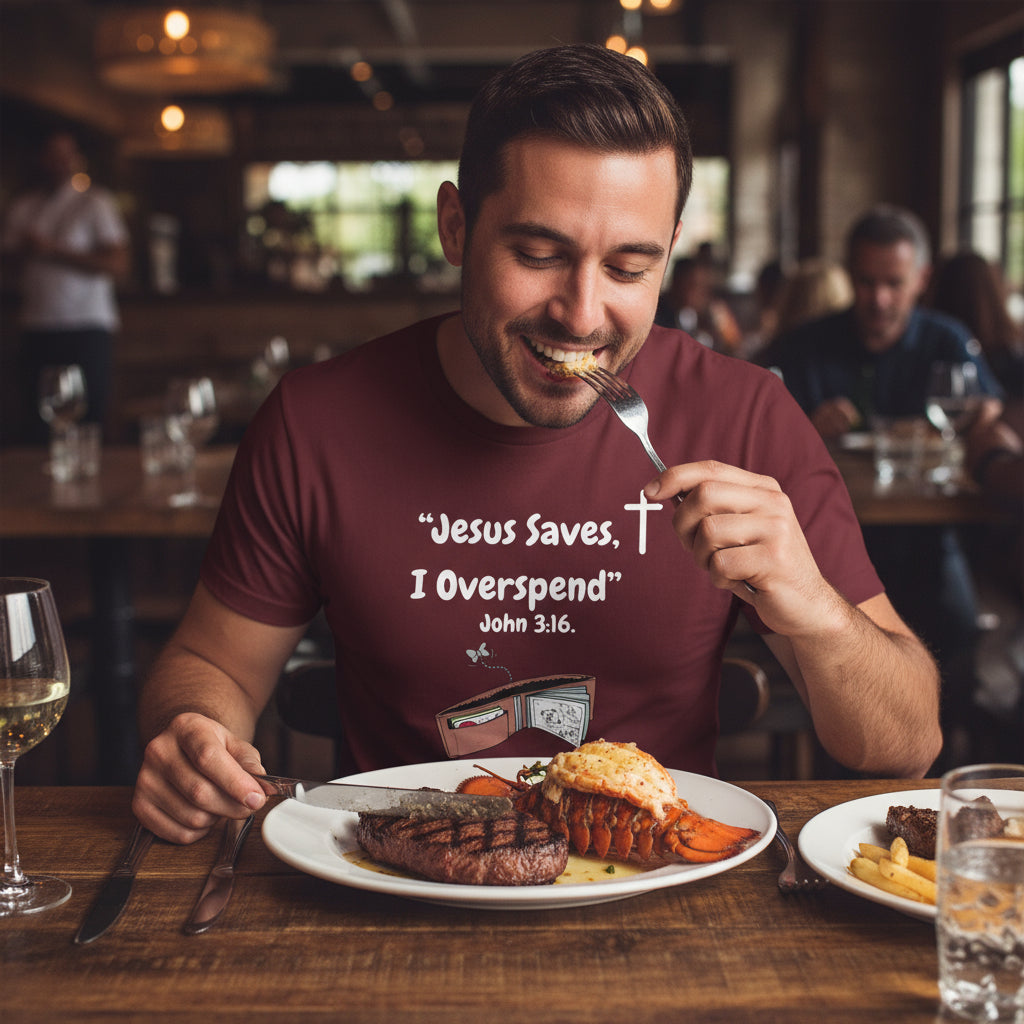 Funny Christian T-Shirt – “Jesus Saves, I Overspend” | Faith & Finance Humor Tee