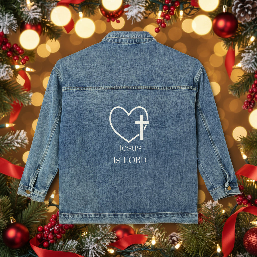 Jesus is Lord Faith-Inspired Women's Denim Jacket with Heart & Cross Design