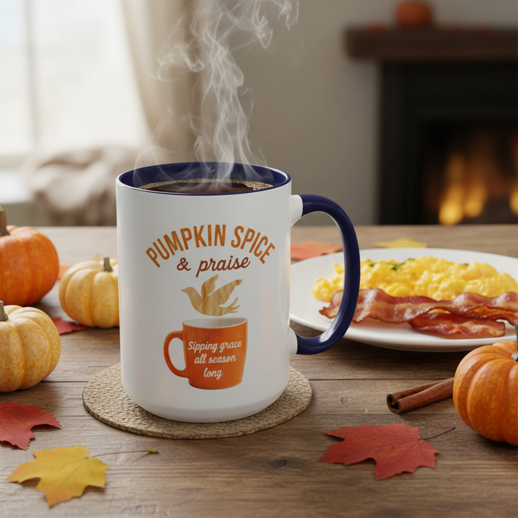 “Pumpkin Spice & Praise” fall comfort coffee cup. Give God all the praise well you enjoy your pumpkin spice.
