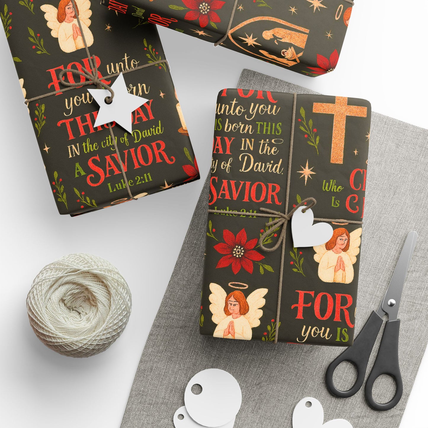 Christian Nativity Wrapping Paper – 'For This Day a Savior Is Born' Holiday Gift Wrap (Angels, Crosses & Manger Pattern)