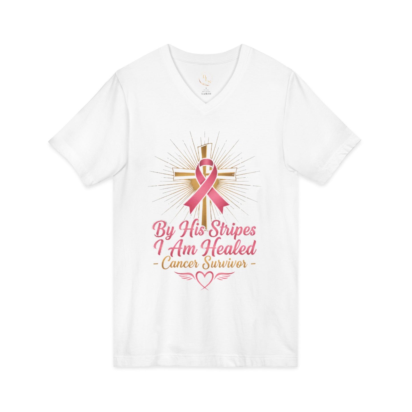 Cancer Survivor V-Neck Tee — "By His Stripes I Am Healed" Faith & Pink Ribbon Shirt