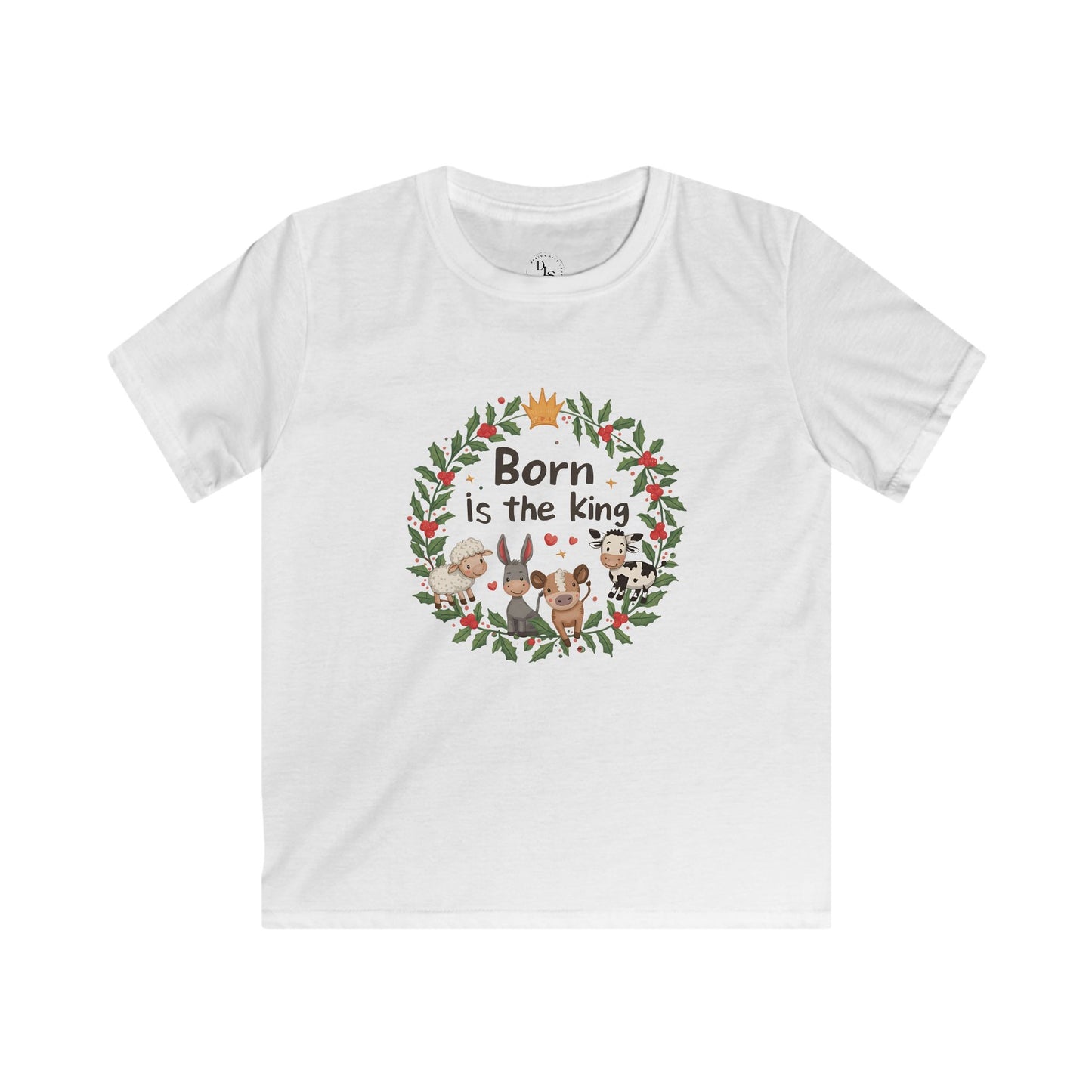 Kids Tee — "Born is the King" Nativity Wreath Christmas Shirt