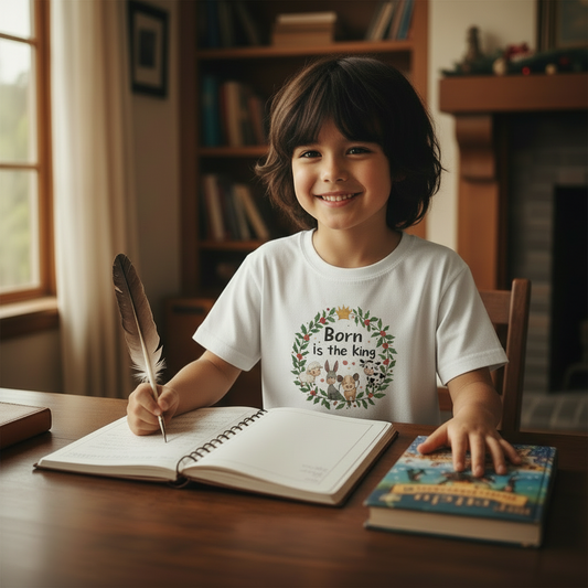Kids Tee — "Born is the King" Nativity Wreath Christmas Shirt