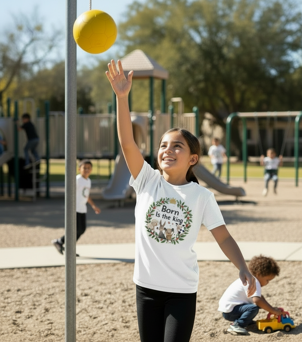 Kids Tee — "Born is the King" Nativity Wreath Christmas Shirt