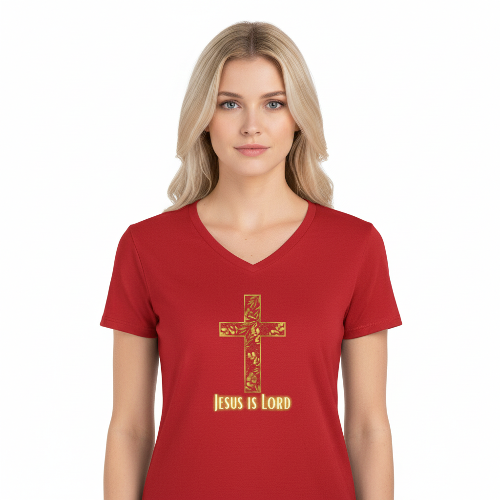 Women's Floral Cross V‑Neck T‑Shirt — Faith Over Fear Inspirational Top