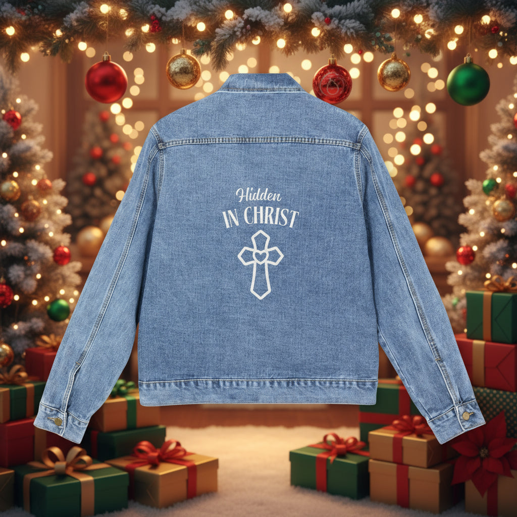 Faith-Inspired Men's Denim Jacket with Inspirational Cross Design