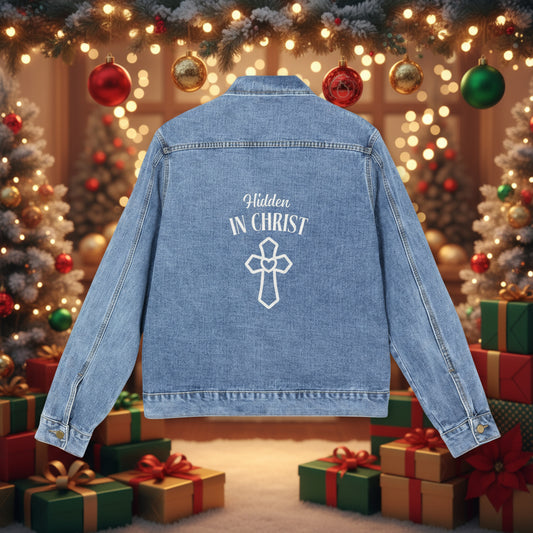 Faith-Inspired Men's Denim Jacket with Inspirational Cross Design