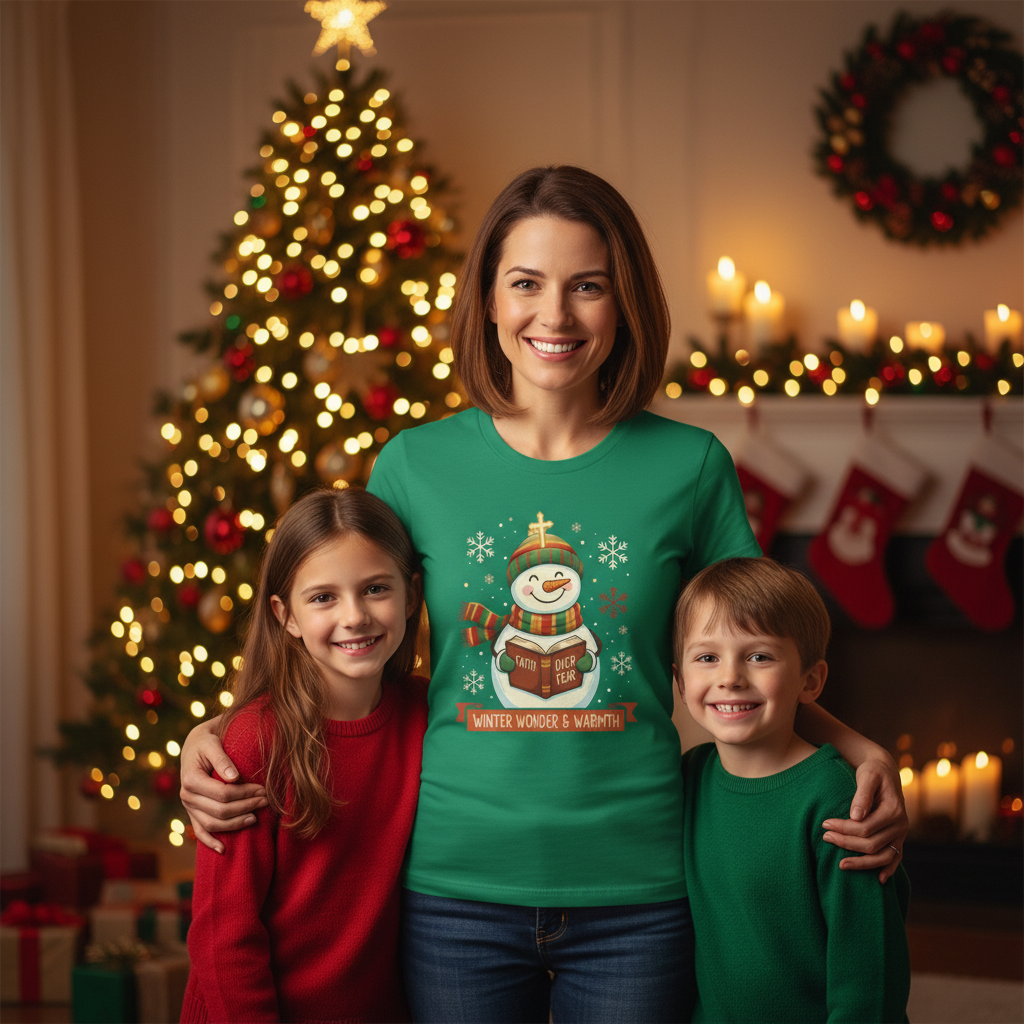 Winter Wonder Warmth Snowman Christmas Tee - Faith Over Fear Snowman Design