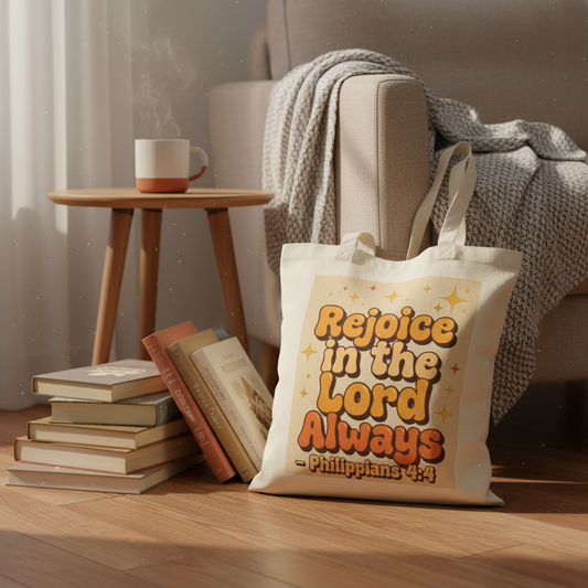 Tote Bag — "Rejoice in the Lord Always" Philippians 4:4 Christian Canvas Tote