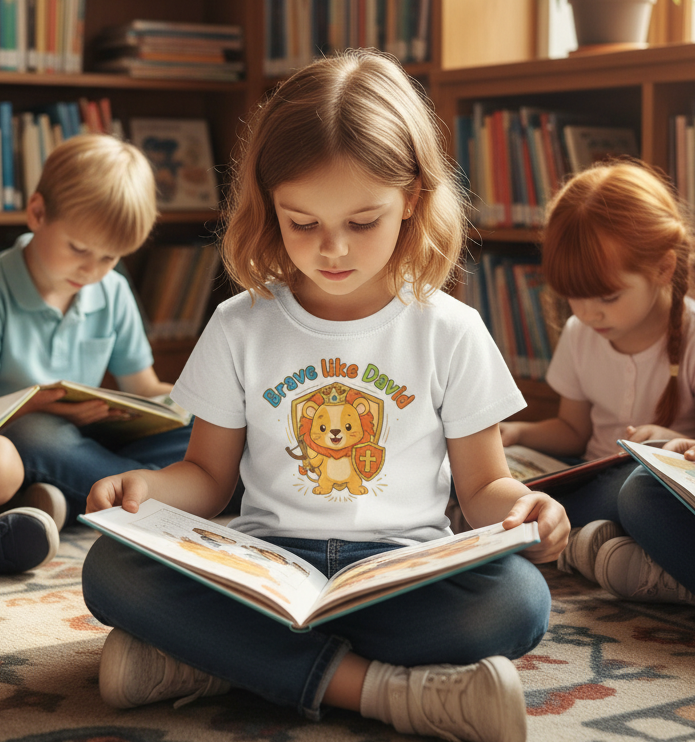 'Brave Like David' Kids Tee — Cute Lion Knight Children's T‑Shirt