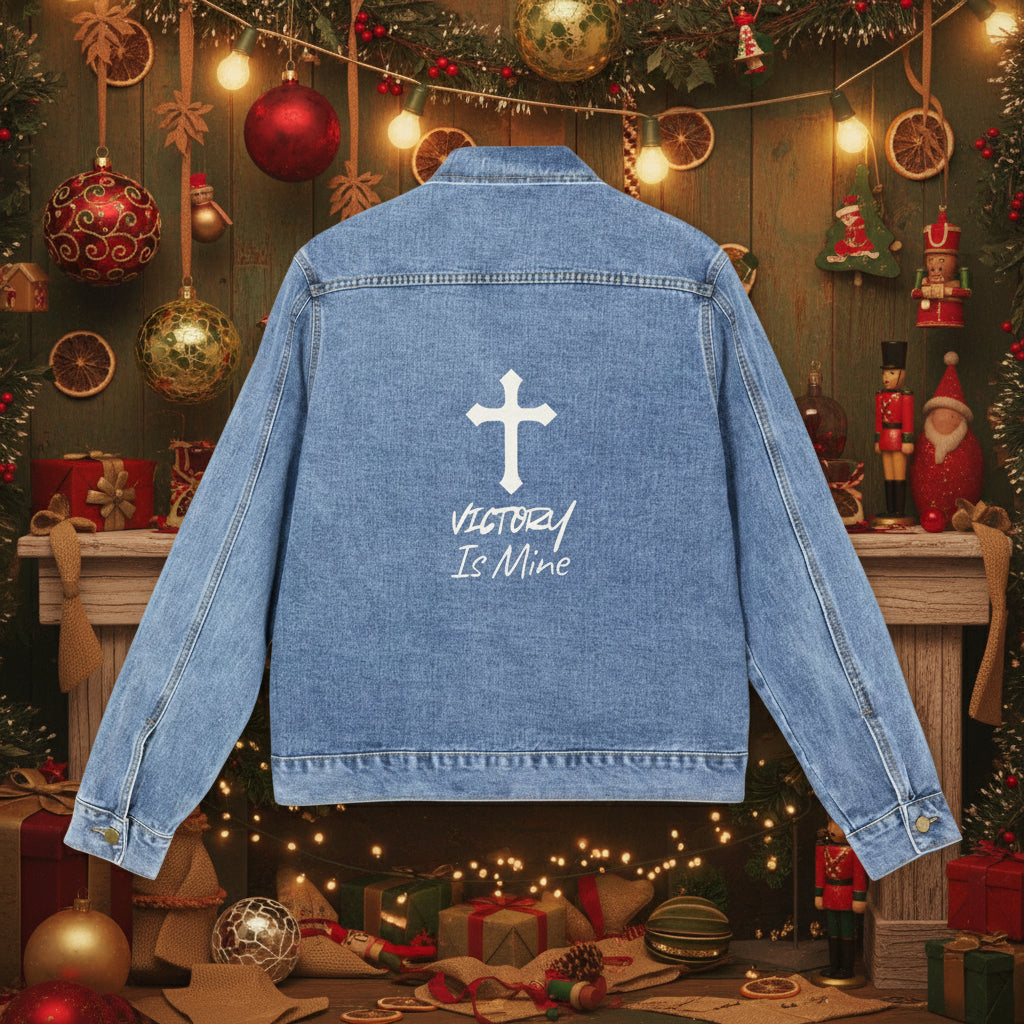Victory is mine -Men's Denim Jacket with Inspirational Cross Design