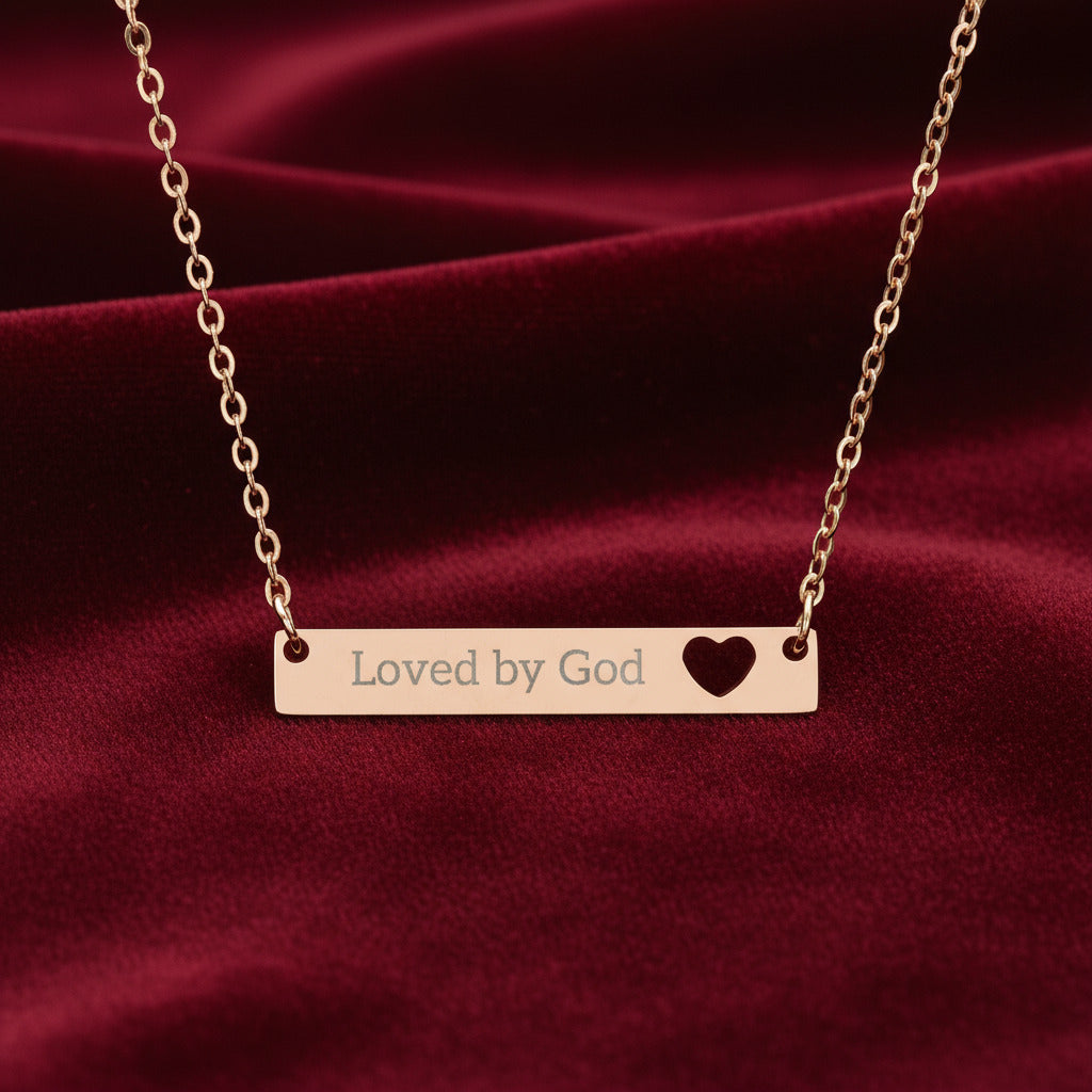 Engraved Heart Bar Necklace - Loved by God