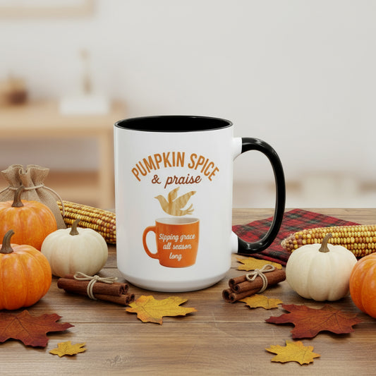 “Pumpkin Spice & Praise” fall comfort coffee cup. Give God all the praise well you enjoy your pumpkin spice.