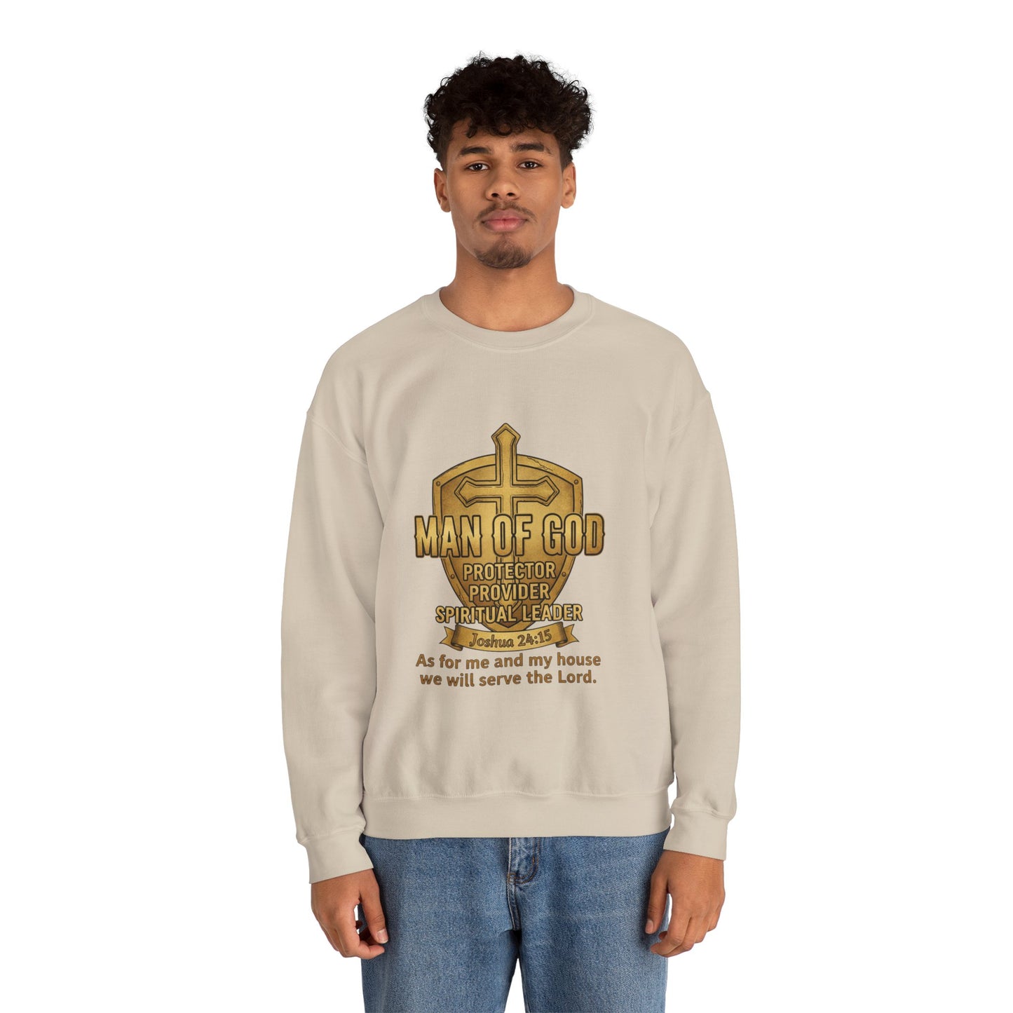 Man of God Protector Crewneck Sweatshirt — Christian Shield & Sword Heavy Blend