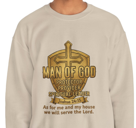 Man of God Protector Crewneck Sweatshirt — Christian Shield & Sword Heavy Blend