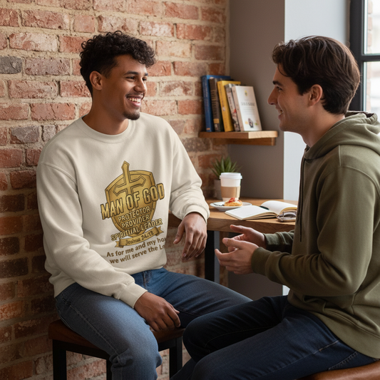 Man of God Protector Crewneck Sweatshirt — Christian Shield & Sword Heavy Blend