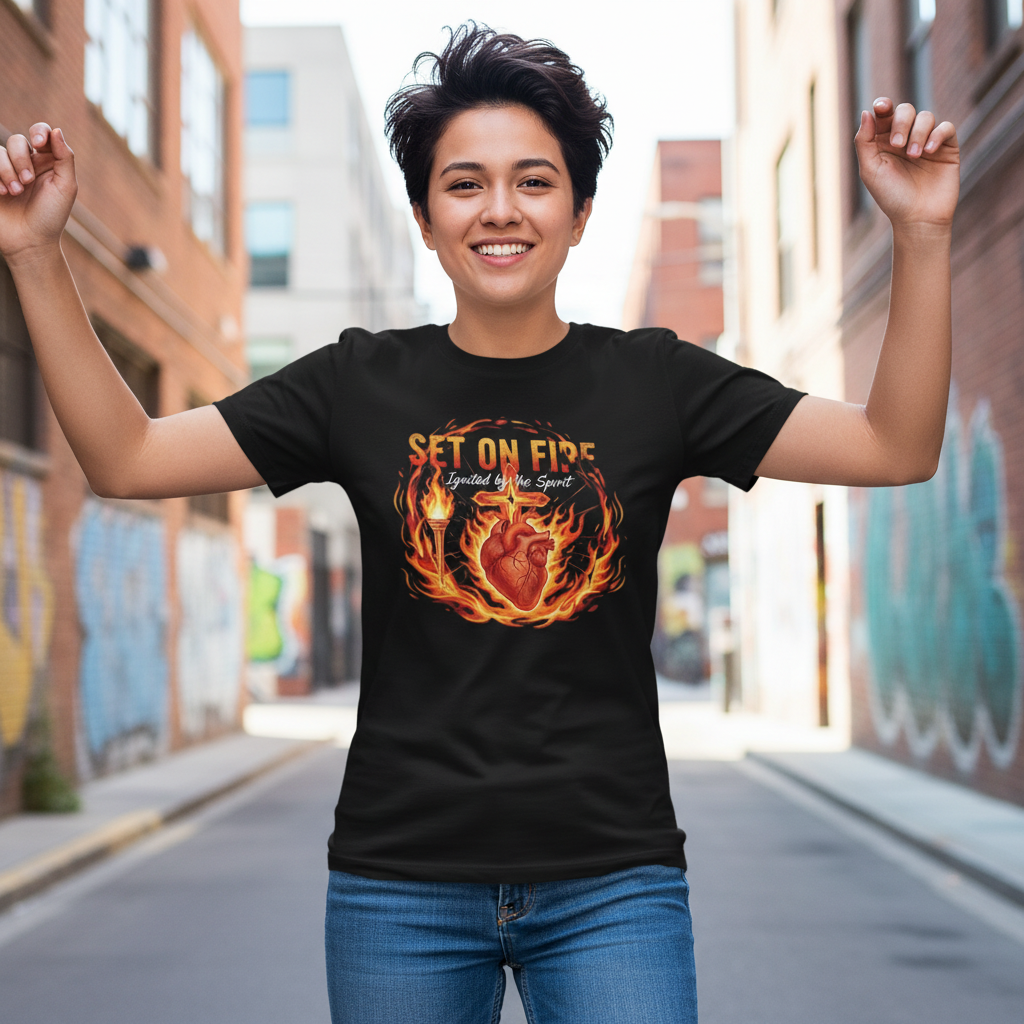 Set on Fire Heart T-Shirt — Flaming Sacred Heart Graphic Tee