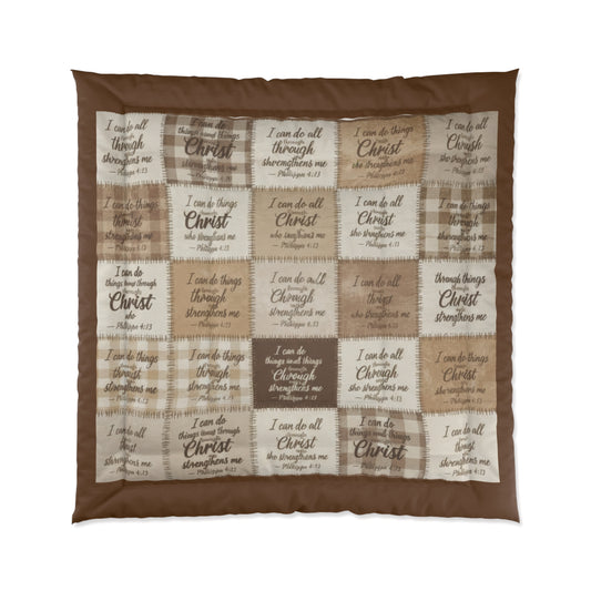 Inspirational Plaid Christian Comforter – 'I Can Do All Things Through Christ' Patchwork Bedding