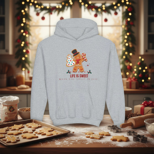 Gingerbread Life is Sweet Youth Hoodie, Christmas Gift, Holiday Apparel, Kid's Sweater, Cozy Sweatshirt, Fun Jacket