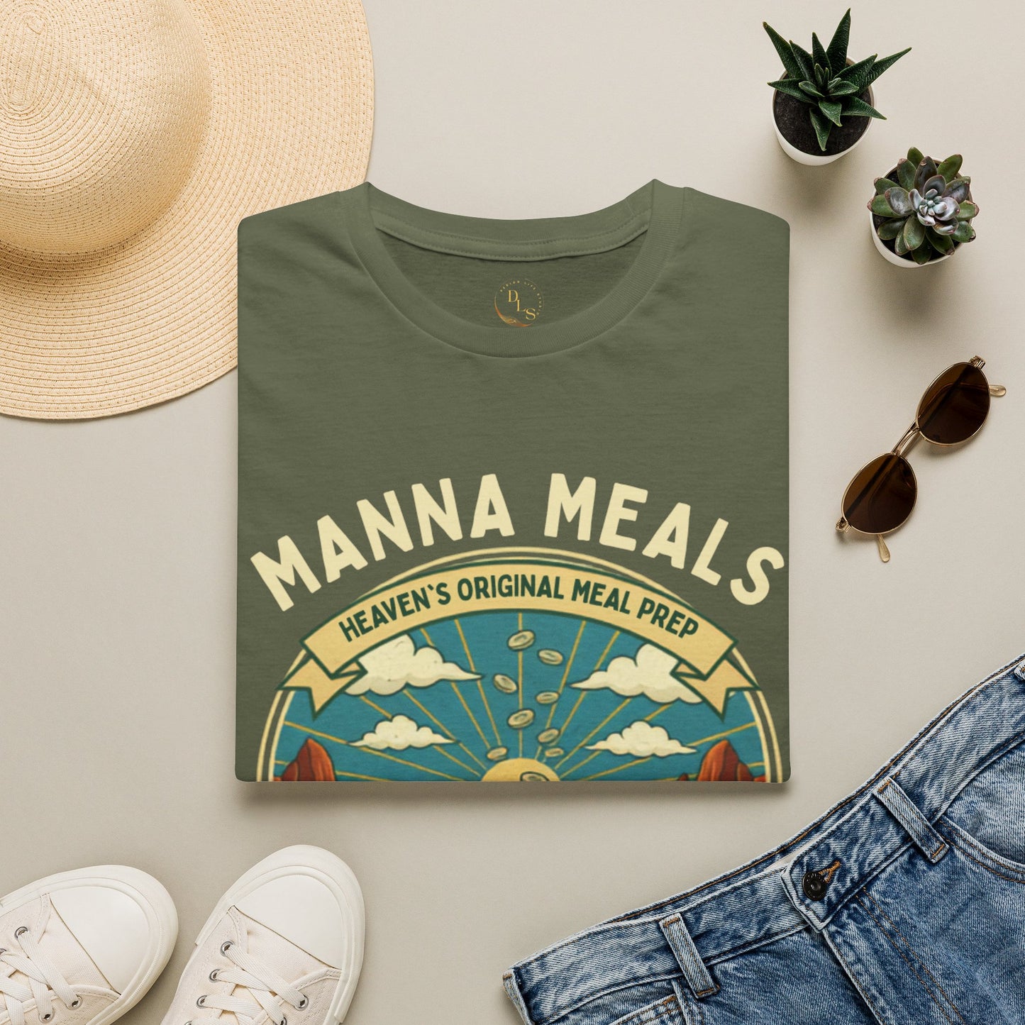 Comedy T-Shirt — Manna Meals “Heaven’s Original Meal Prep” Vintage Sunrise Design