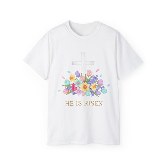 Easter 'He Is Risen' Floral Cross T-Shirt