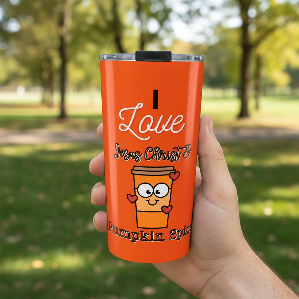 I Love Jesus Christ Fall Pumpkin Spice Tumbler, 20oz Insulated Mug for Coffee Lovers, Fall Gifts, Religious Holiday Cup, Unique Drinkware