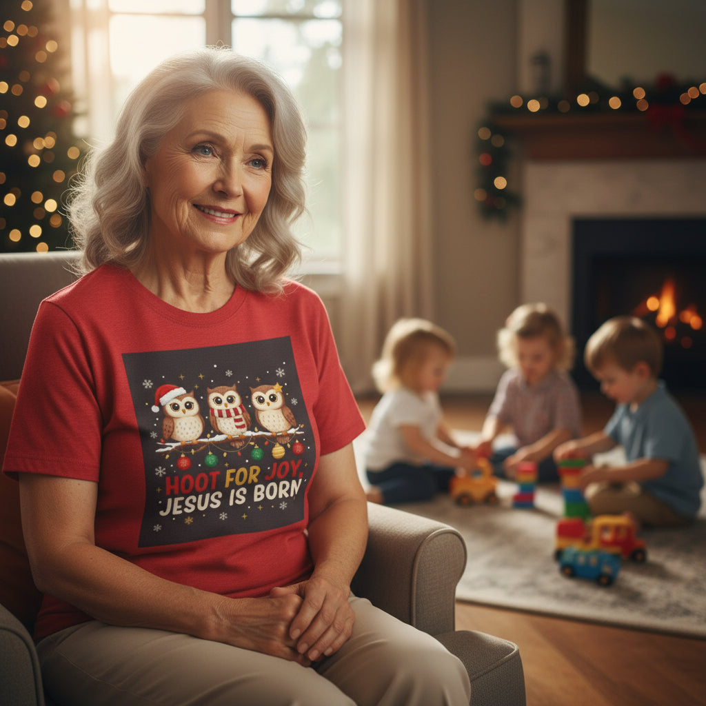 Hoot for Not Jesus is Born - Christmas Owl Graphic Tee - Hoot for Joy Jesus is Born