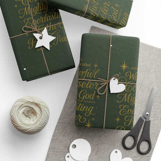 Christmas Wrapping Paper – Dark Green Gold Script "Merry & Bright" Holiday Gift Wrap