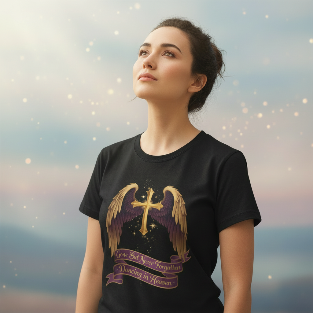 Religious Cross Wings T-Shirt — "Gone But Never Forgotten, Dancing in Heaven" Memorial Tee