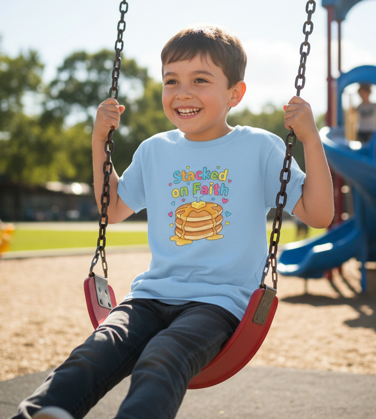 Kids T-Shirt — "Stacked on Faith" Pancake Graphic Tee for Christian Kids