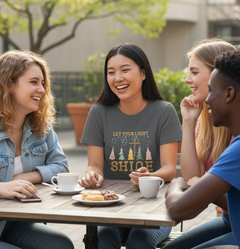 Let Your Light Shine Christmas Tee — Holiday Faith Tree Graphic T-Shirt