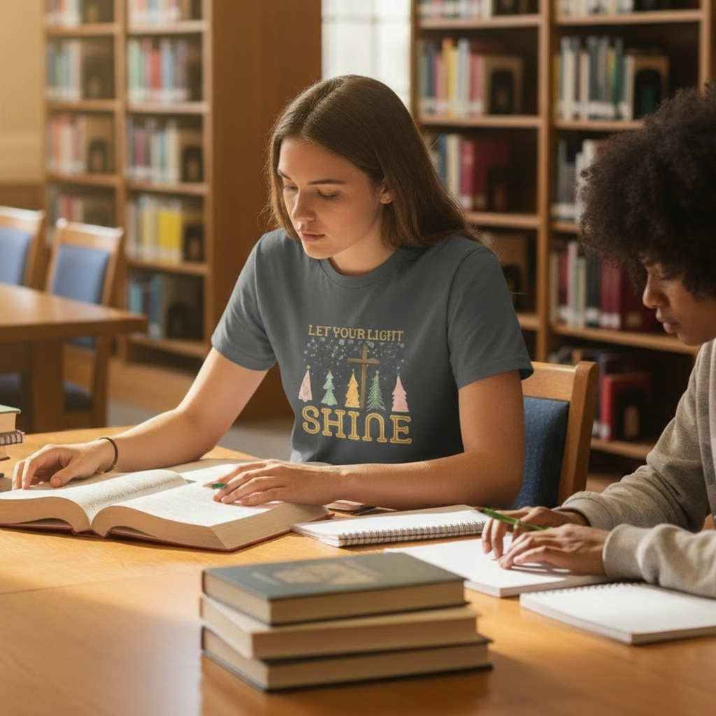 Let Your Light Shine Christmas Tee — Holiday Faith Tree Graphic T-Shirt