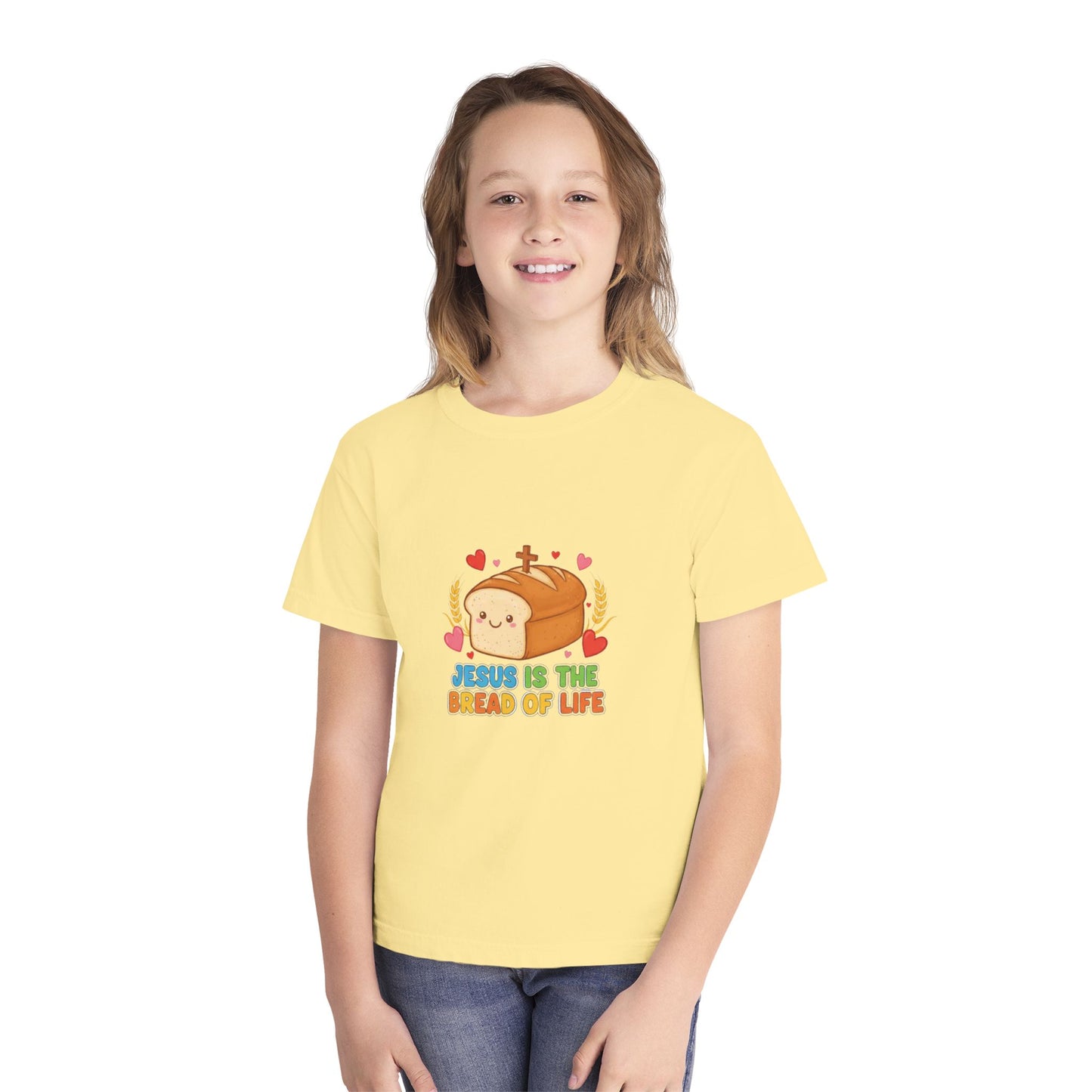 Youth Tee — “Jesus Is The Bread of Life” Cute Christian Bread Graphic